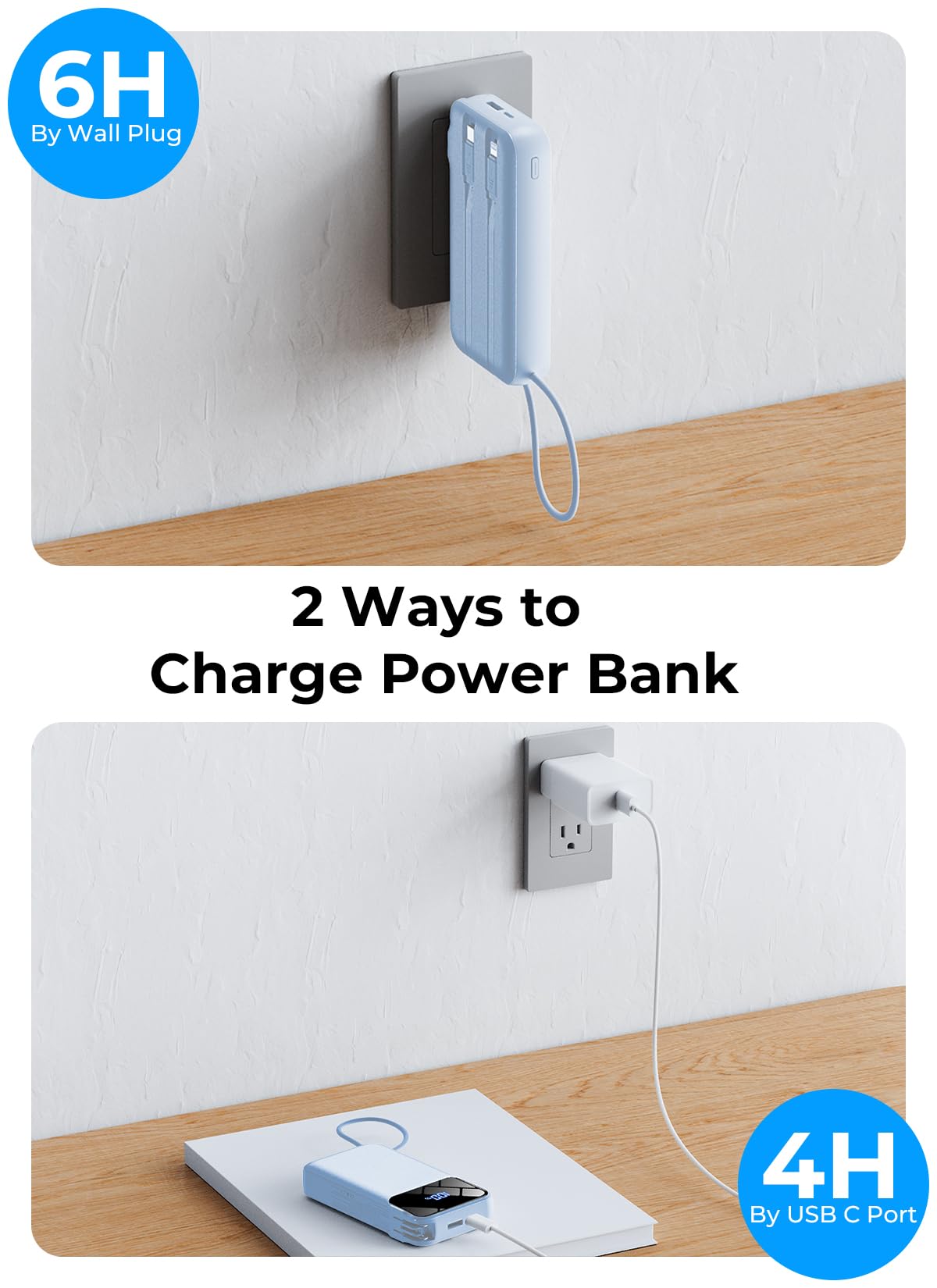 Portable Charger 50000mAh, Power Bank with Built-in Cables & Wall Plug