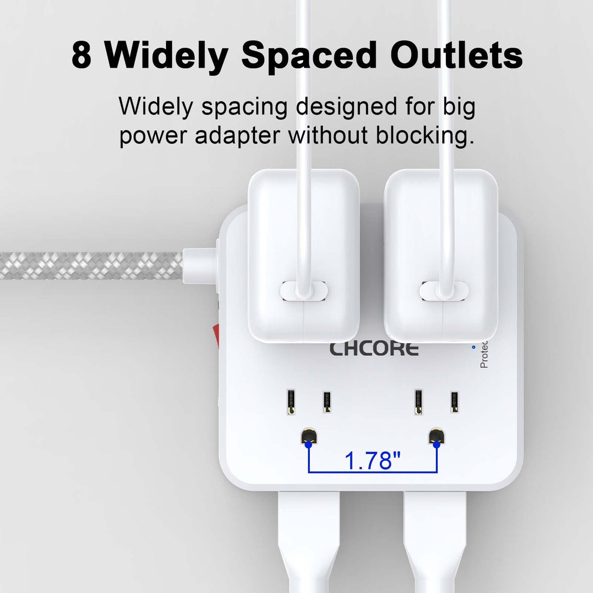 Surge Protector Power Strip - CHCORE 6Ft Braided Extension Cord with 8 Outlets with 4 USB (2 USB C) Charging Ports, Flat Plug Multi Plug Outlet Extender Charging Station for Home Office, ETL, White