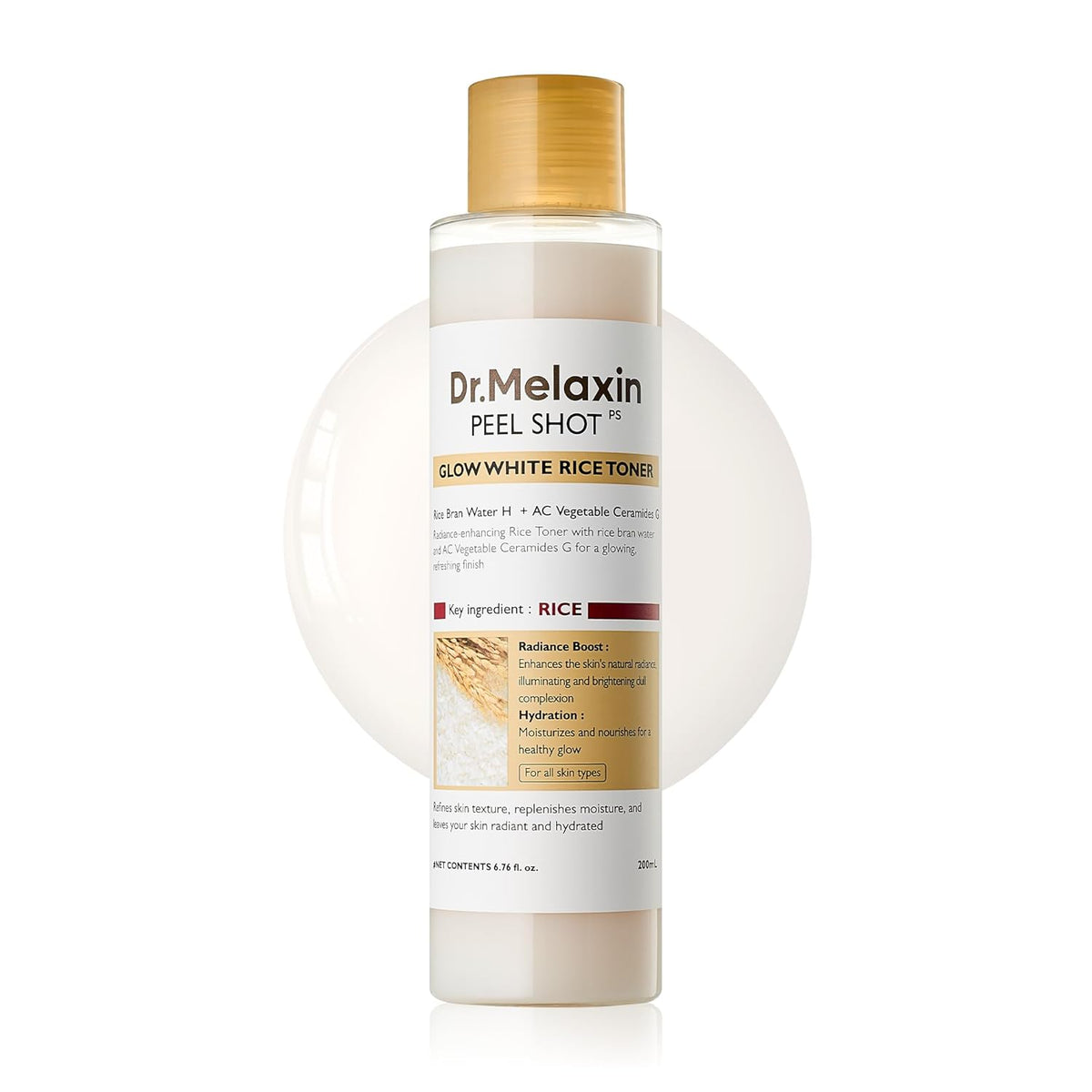 Dr.Melaxin Peel Shot Glow Rice Toner with Rice Extract & Ceramides, Hydrating & Skin Refining Face Toner for Glass Skin, Liposome Oil for Deep Moisture & Barrier Care, Korean Skincare, 6.76 fl.oz