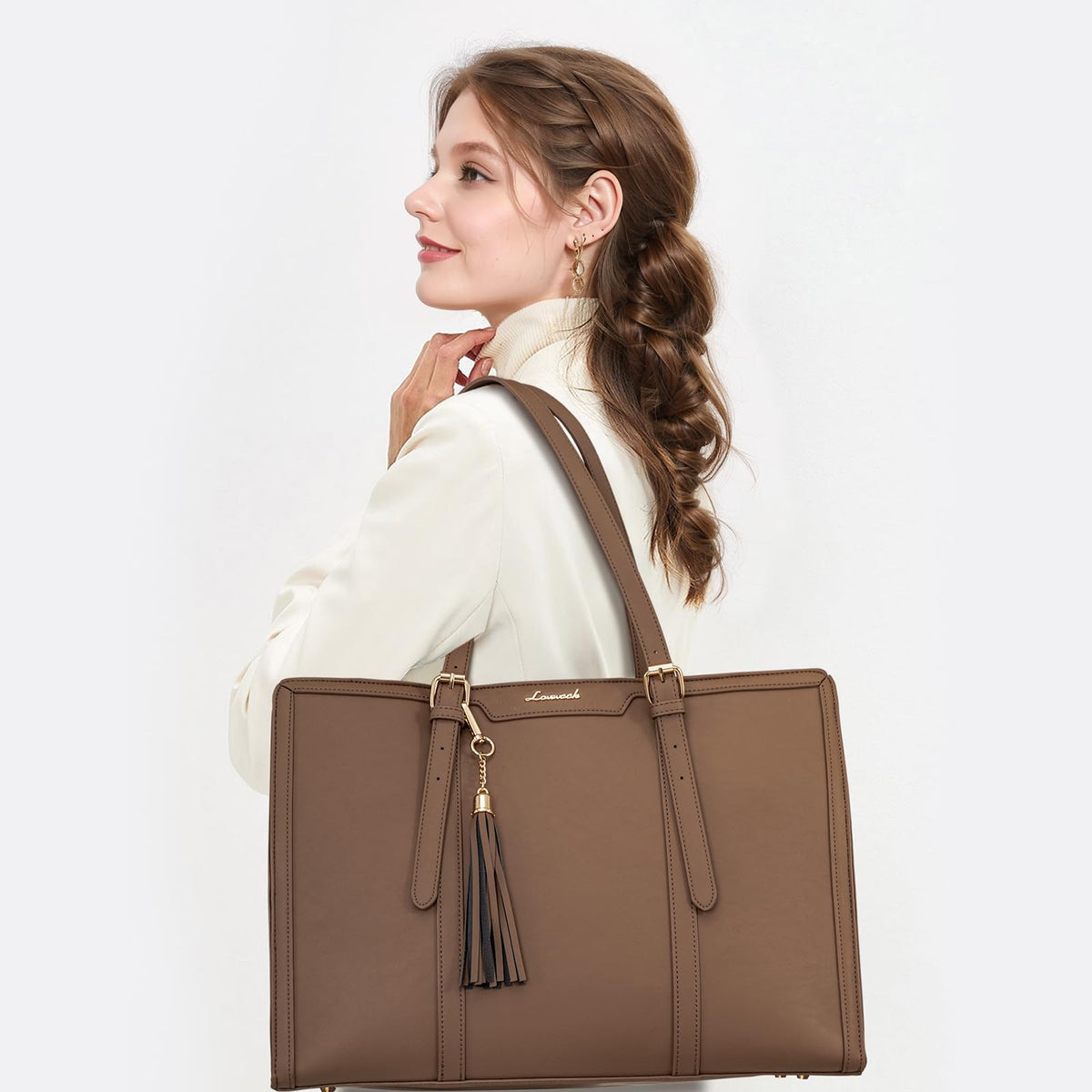 LOVEVOOK Laptop Bag for Women 15.6 inch Lightweight PU Laptop Tote Bag, Large Capacity Computer bag with Clutch Purse for Business, Work, Office, Travel, School,Casual(Black & Leather)