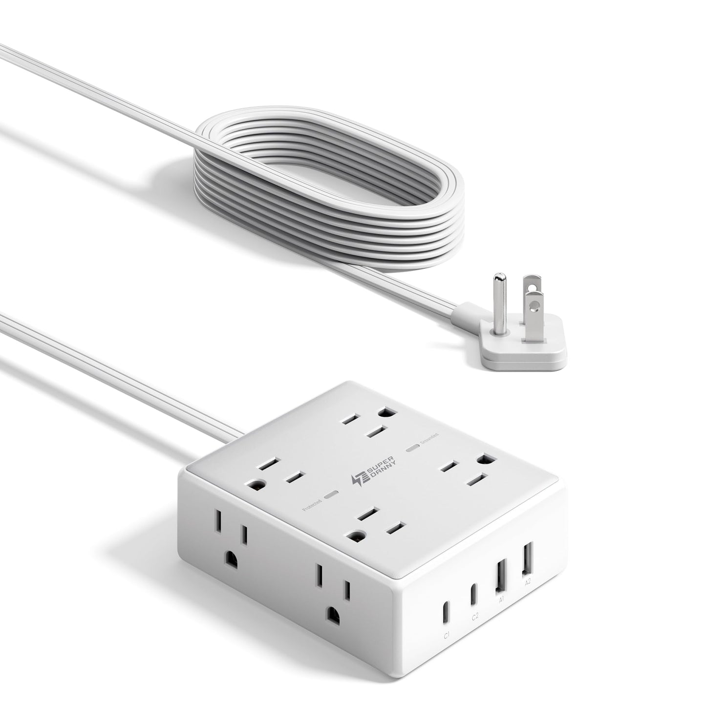 SUPERDANNY Extension Cord,Flat Plug Surge Protector Power Strip,10Ft