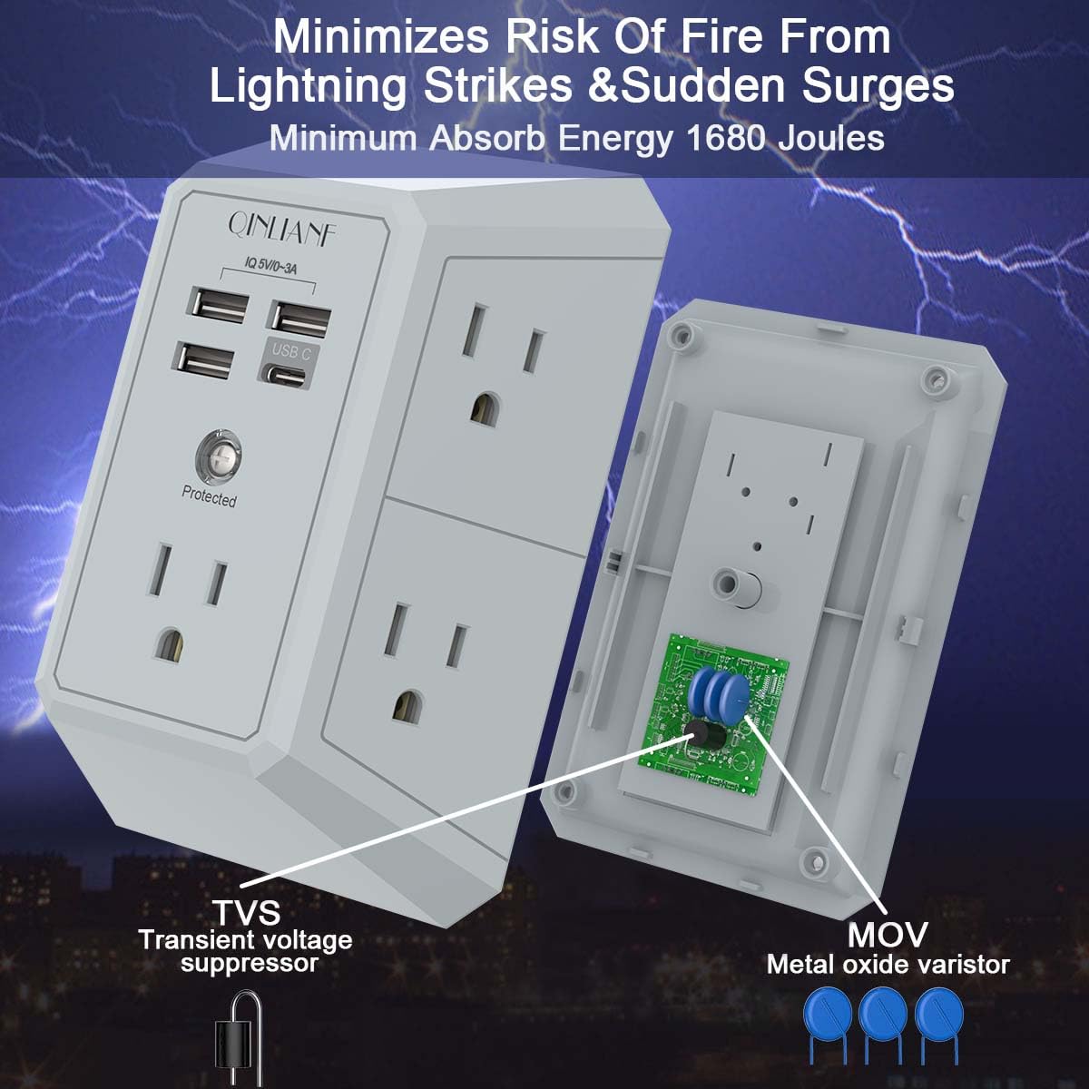 Wall Charger, Surge Protector, QINLIANF 5 Outlet Extender with 4 USB Ports