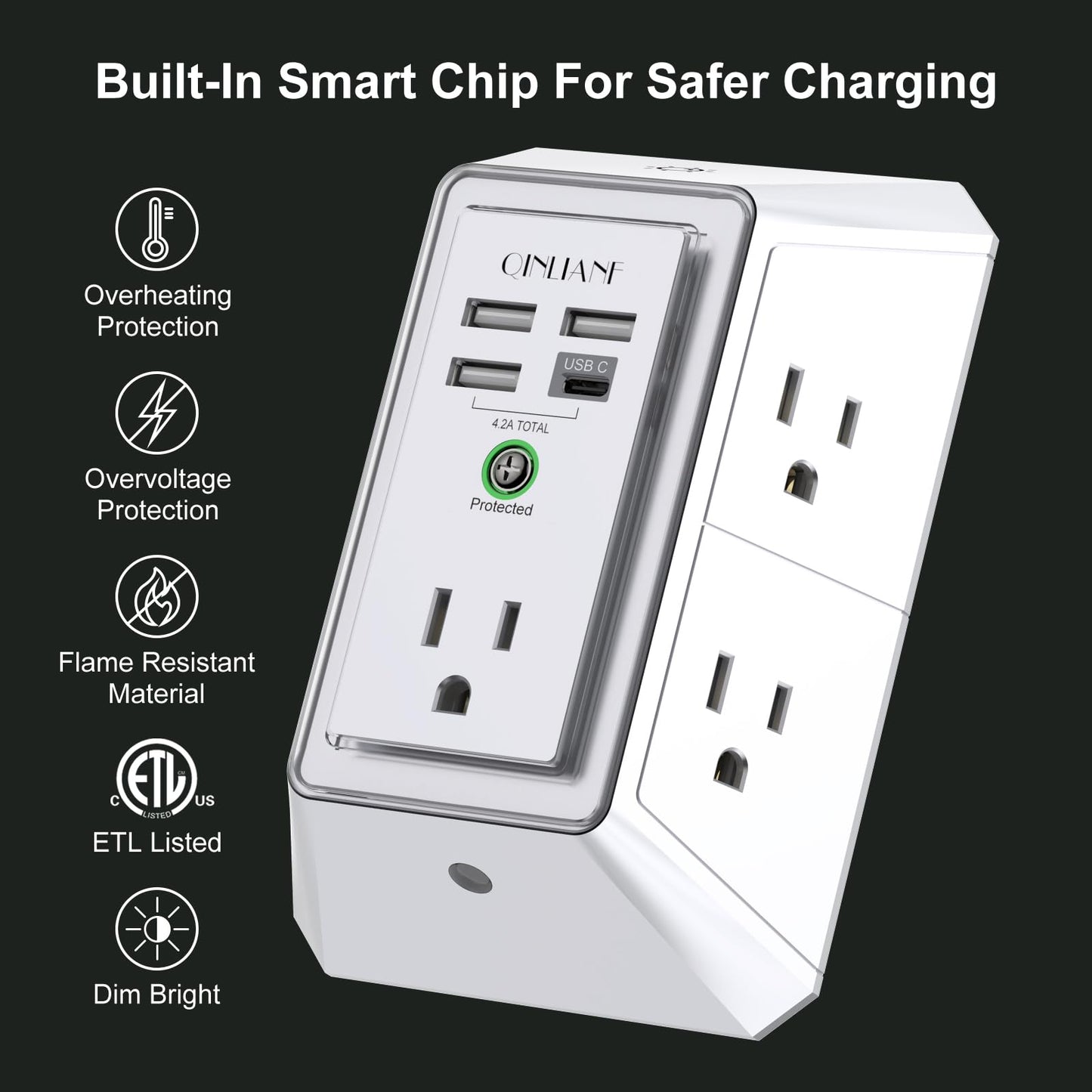 Wall Charger, Surge Protector, QINLIANF 5 Outlet Extender with 4 USB Ports