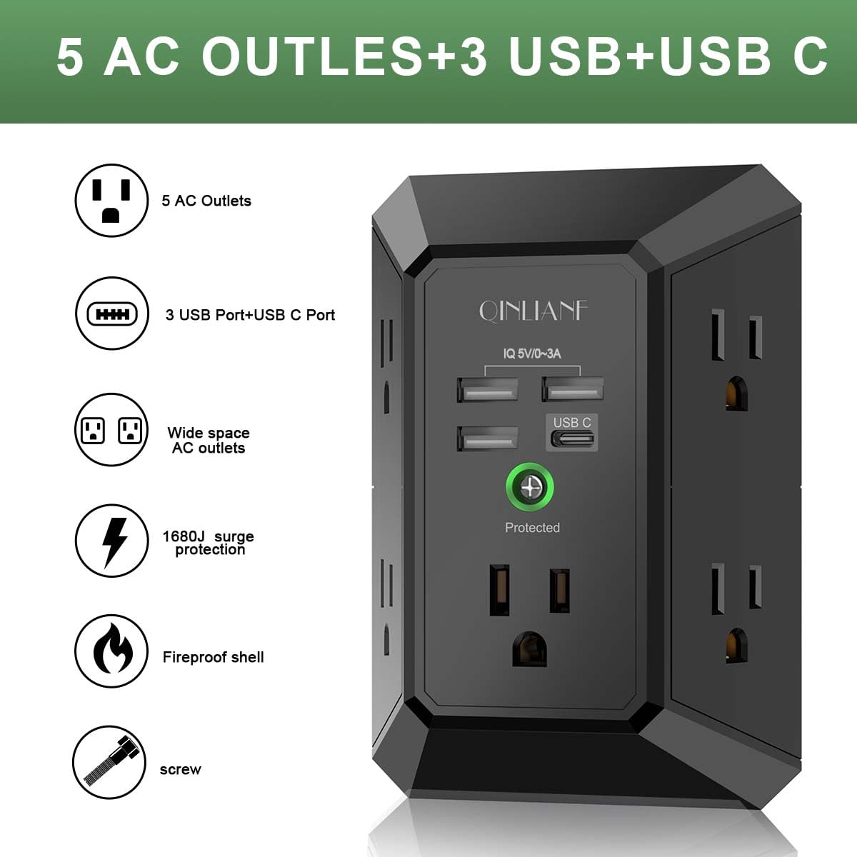 Wall Charger, Surge Protector, QINLIANF 5 Outlet Extender with 4 USB Ports