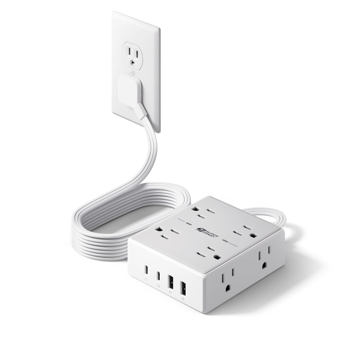 SUPERDANNY Extension Cord,Flat Plug Surge Protector Power Strip,10Ft