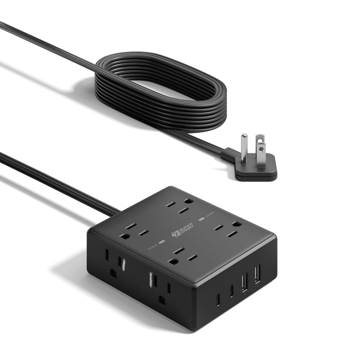 SUPERDANNY Extension Cord,Flat Plug Surge Protector Power Strip,10Ft