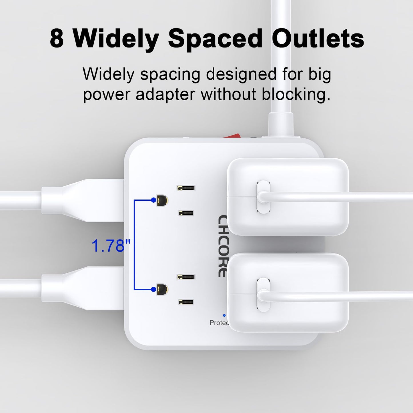Surge Protector Power Strip - CHCORE 6Ft Braided Extension Cord with 8 Outlets with 4 USB (2 USB C) Charging Ports, Flat Plug Multi Plug Outlet Extender Charging Station for Home Office, ETL, White