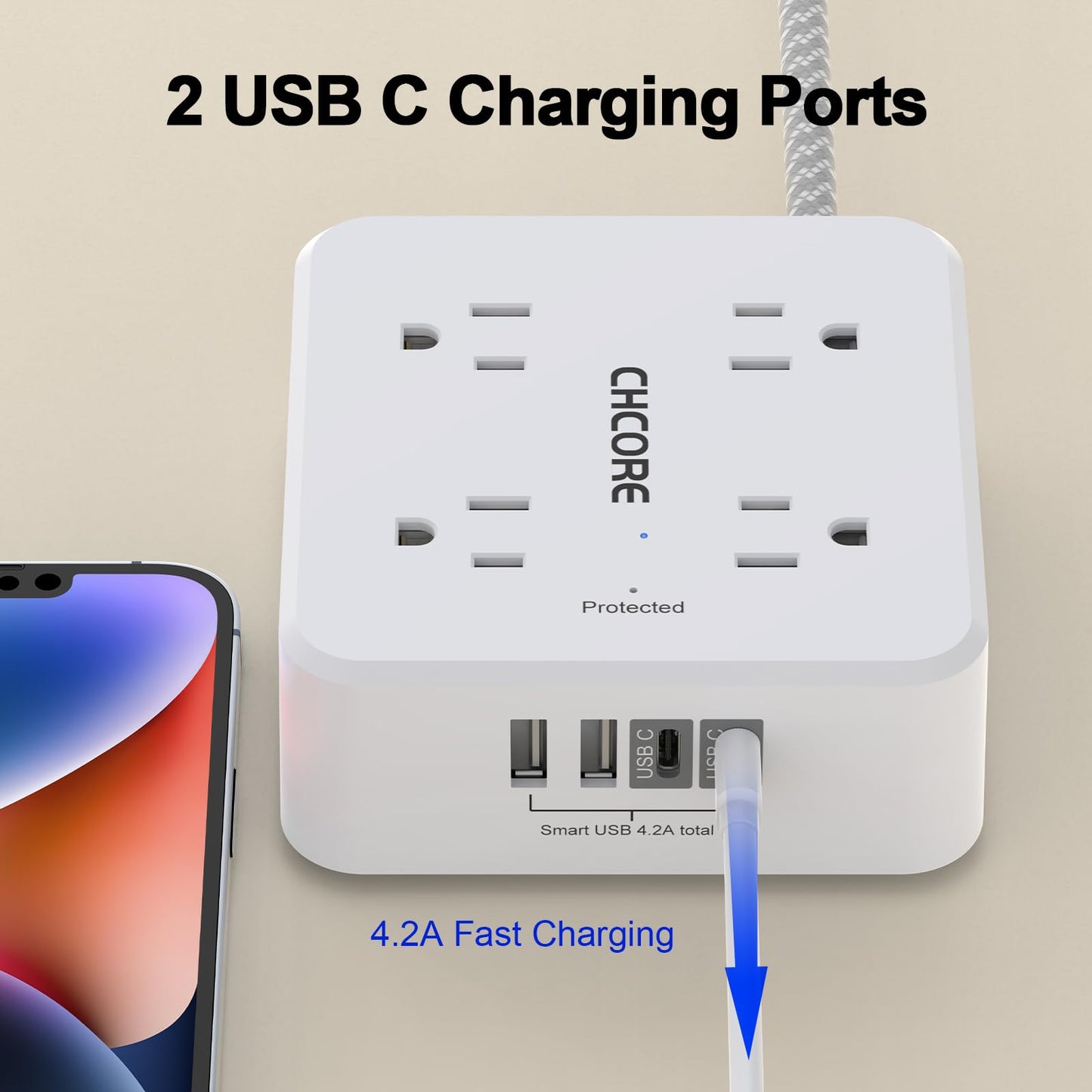 Surge Protector Power Strip - CHCORE 6Ft Braided Extension Cord with 8 Outlets with 4 USB (2 USB C) Charging Ports, Flat Plug Multi Plug Outlet Extender Charging Station for Home Office, ETL, White