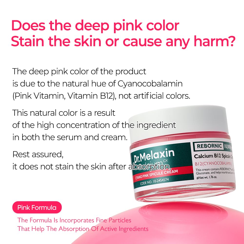 Dr.Melaxin Cyano Pink Spicule Cream with Calcium & Vitamin B12, Spicule Treatment for Dark Circles & Fine Lines, Niacinamide for Hydrating & Firming, 1.69 fl.oz