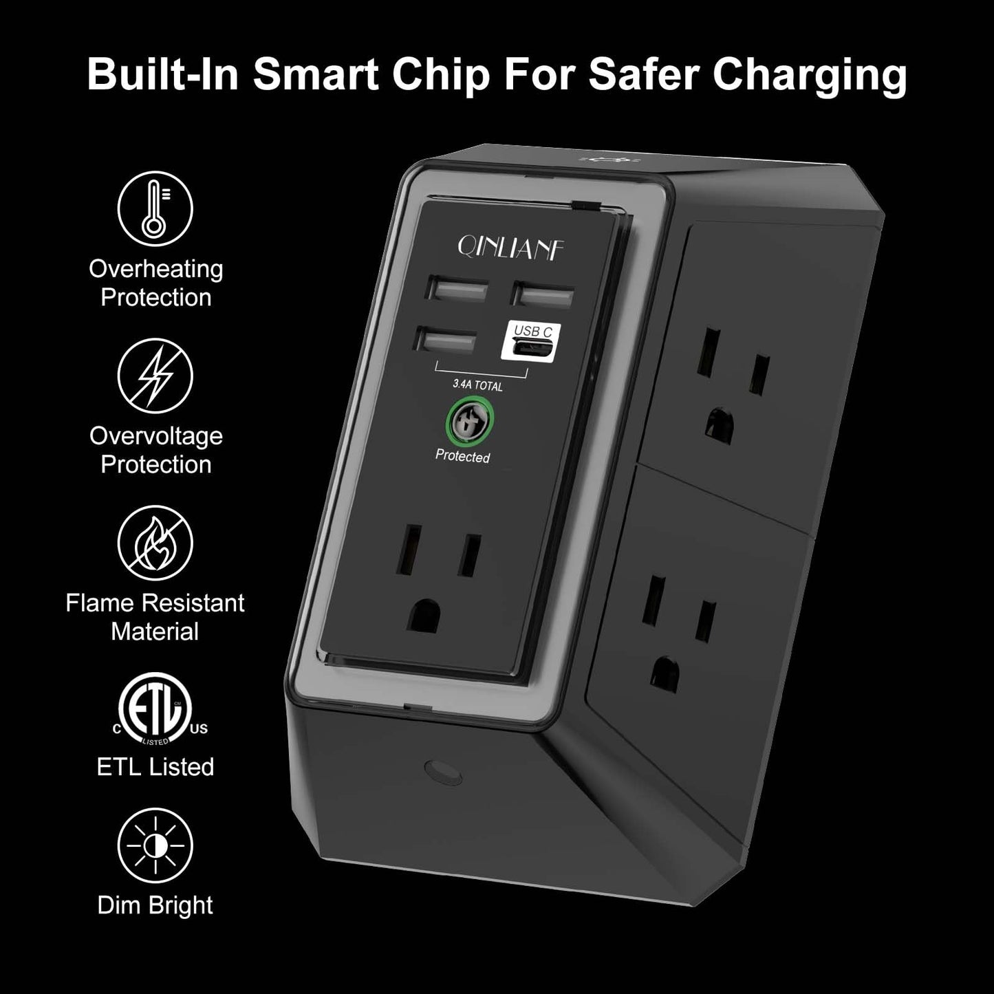Wall Charger, Surge Protector, QINLIANF 5 Outlet Extender with 4 USB Ports