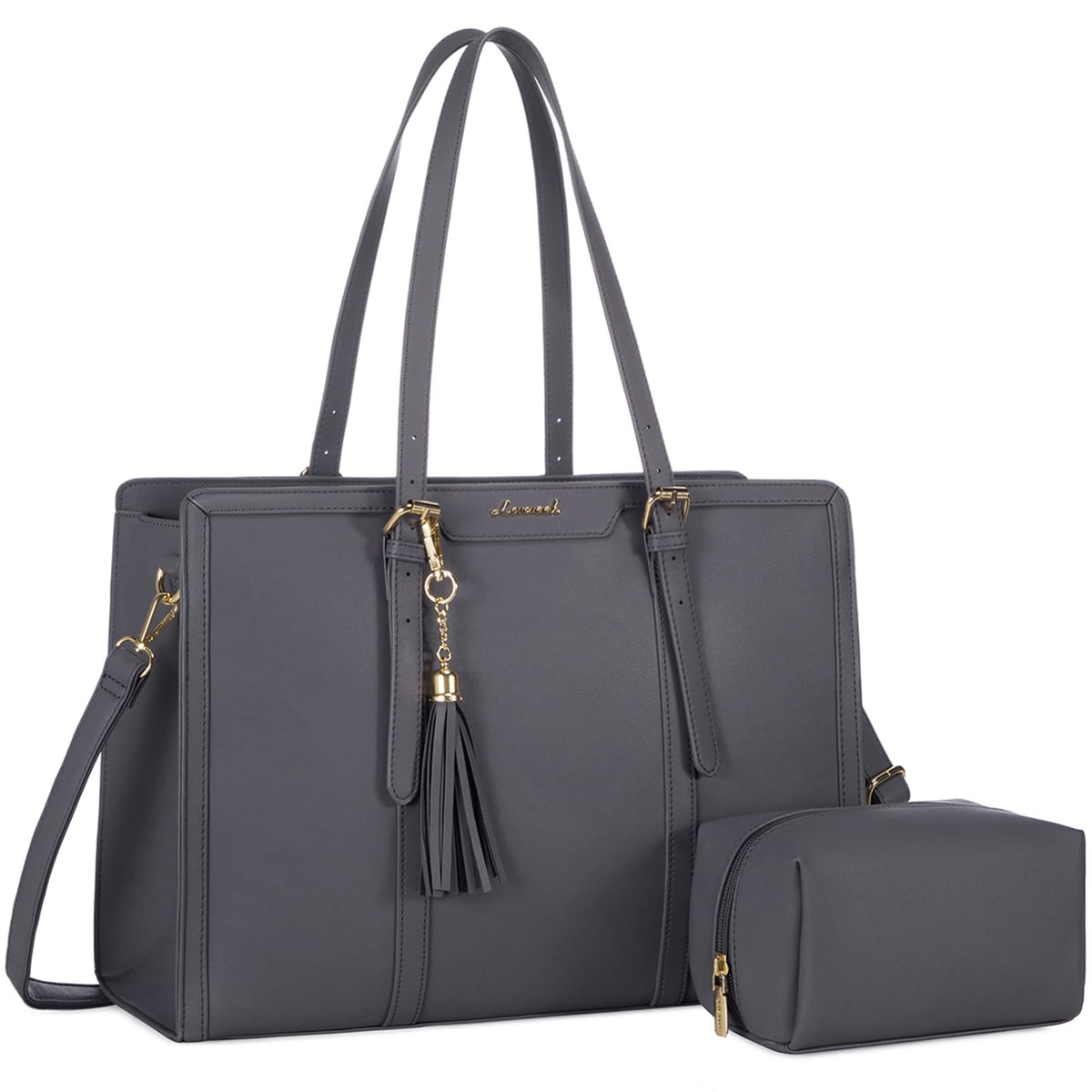 LOVEVOOK Laptop Bag for Women 15.6 inch Lightweight PU Laptop Tote Bag, Large Capacity Computer bag with Clutch Purse for Business, Work, Office, Travel, School,Casual(Black & Leather)