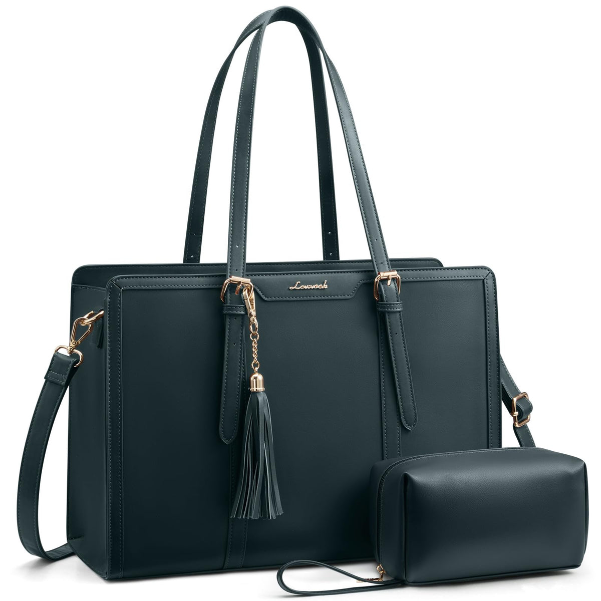 LOVEVOOK Laptop Bag for Women 15.6 inch Lightweight PU Laptop Tote Bag, Large Capacity Computer bag with Clutch Purse for Business, Work, Office, Travel, School,Casual(Black & Leather)