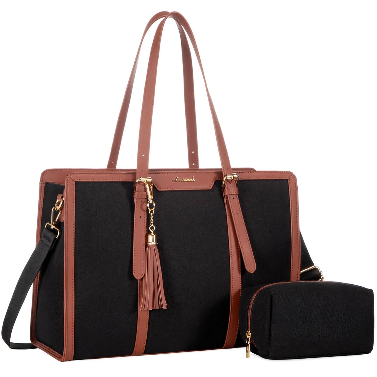 LOVEVOOK Laptop Bag for Women 15.6 inch Lightweight PU Laptop Tote Bag, Large Capacity Computer bag with Clutch Purse for Business, Work, Office, Travel, School,Casual(Black & Leather)