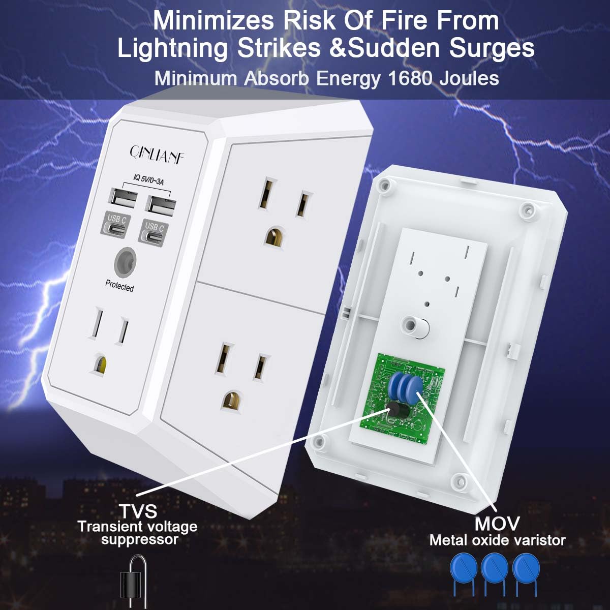 Wall Charger, Surge Protector, QINLIANF 5 Outlet Extender with 4 USB Ports