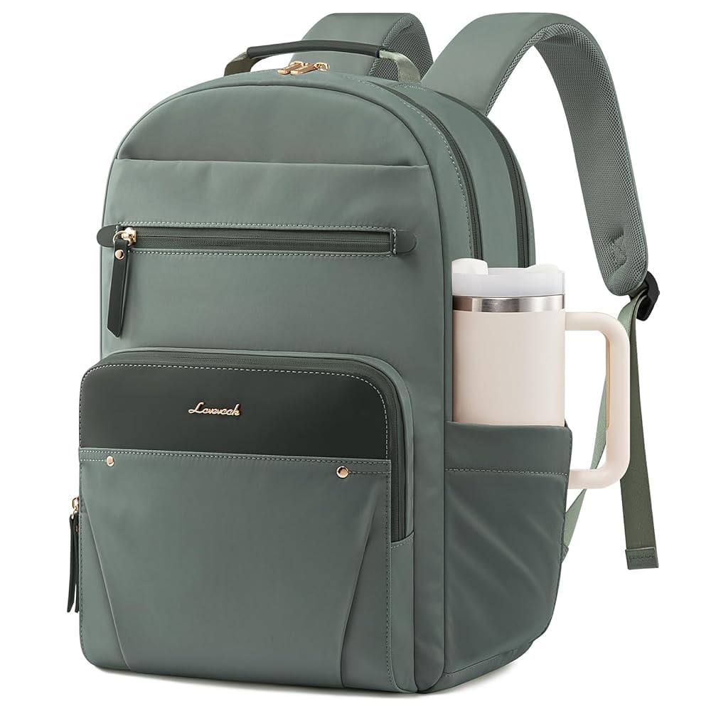 LOVEVOOK Laptop Backpack for Women with Leather Trim & Tumbler Pockets, 15.6" Work Backpack Purse, Travel Personal Item Bag, Carry On Business Computer Bag for Office, School, or Gift, Sage Green
