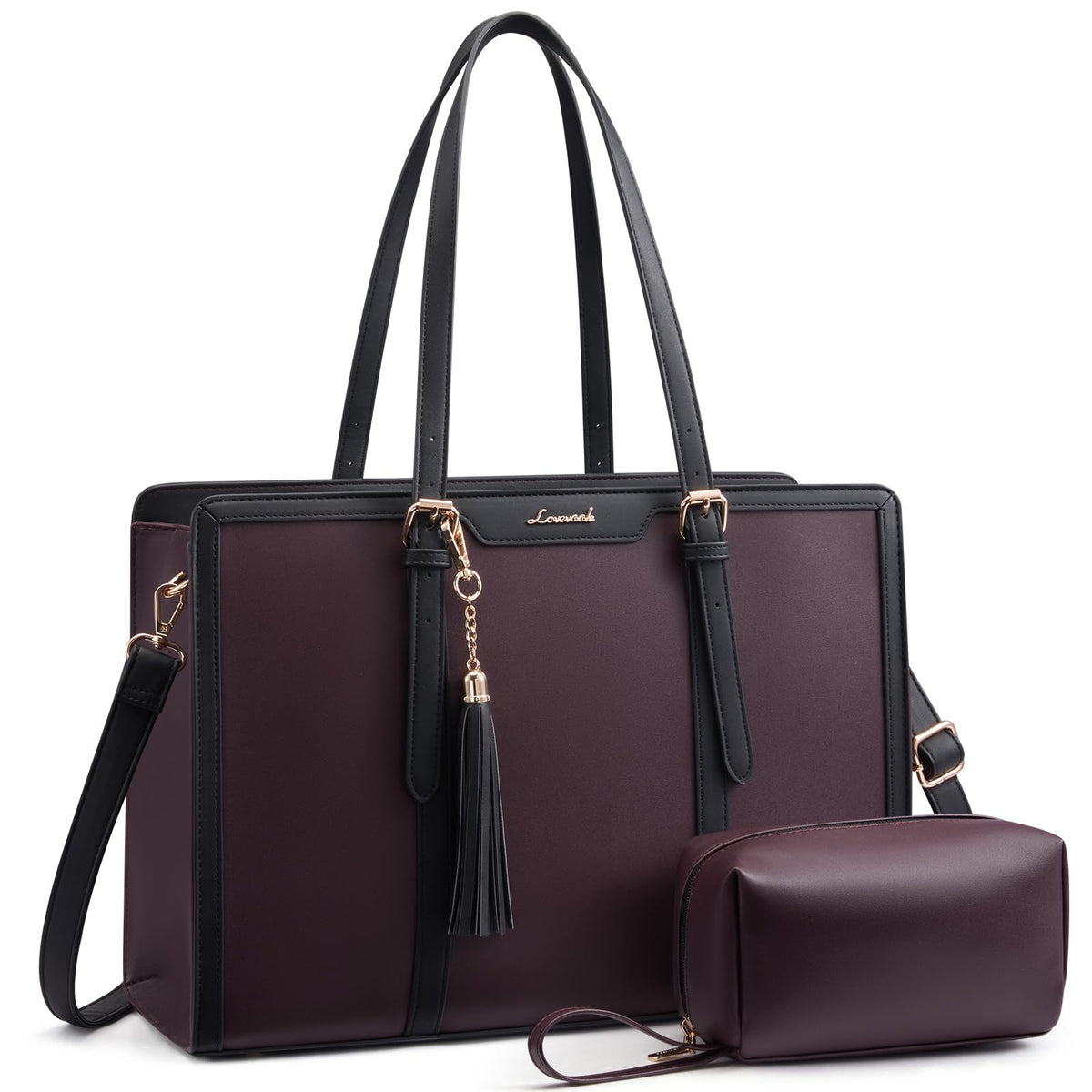 LOVEVOOK Laptop Bag for Women 15.6 inch Lightweight PU Laptop Tote Bag, Large Capacity Computer bag with Clutch Purse for Business, Work, Office, Travel, School,Casual(Black & Leather)