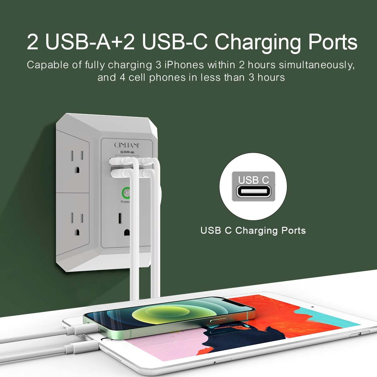 Wall Charger, Surge Protector, QINLIANF 5 Outlet Extender with 4 USB Ports