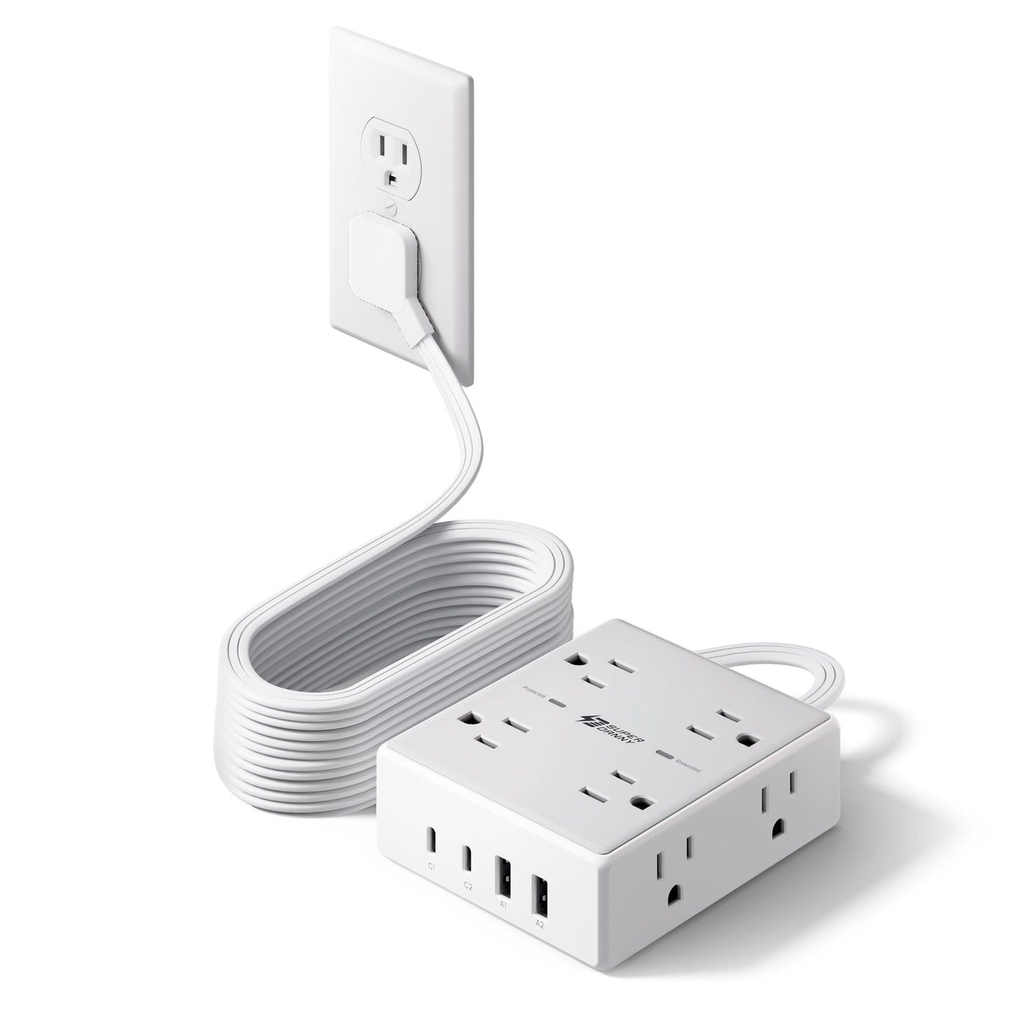 SUPERDANNY Extension Cord,Flat Plug Surge Protector Power Strip,10Ft