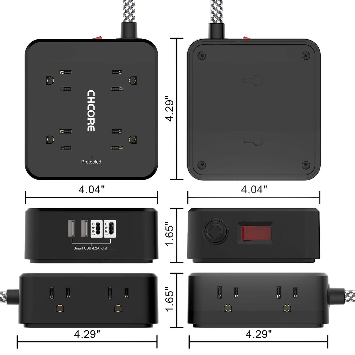 Surge Protector Power Strip - CHCORE 6Ft Braided Extension Cord with 8 Outlets with 4 USB (2 USB C) Charging Ports, Flat Plug Multi Plug Outlet Extender Charging Station for Home Office, ETL, White