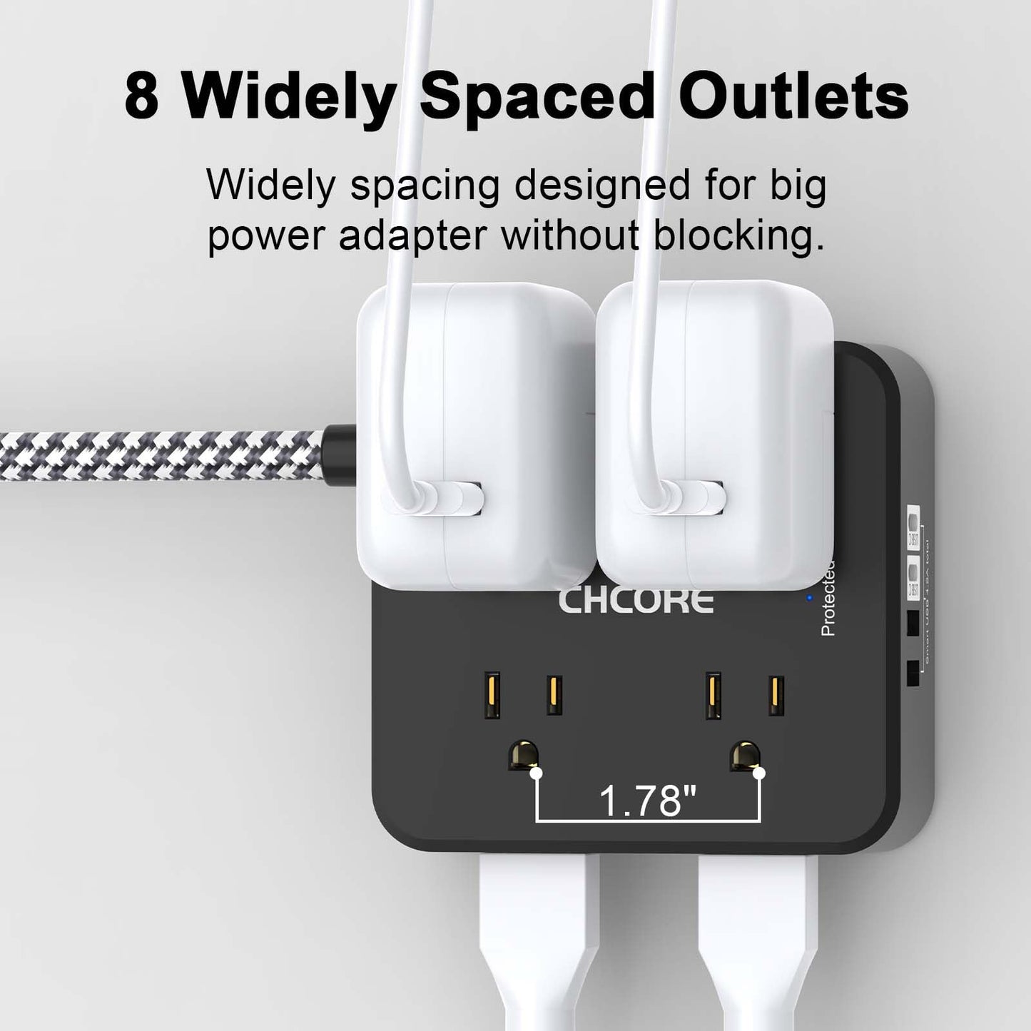 Surge Protector Power Strip - CHCORE 6Ft Braided Extension Cord with 8 Outlets with 4 USB (2 USB C) Charging Ports, Flat Plug Multi Plug Outlet Extender Charging Station for Home Office, ETL, White