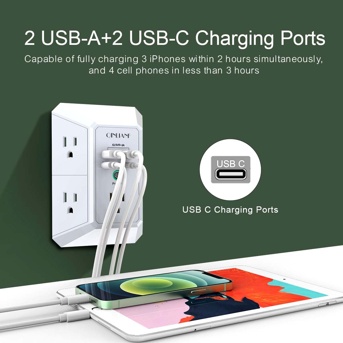 Wall Charger, Surge Protector, QINLIANF 5 Outlet Extender with 4 USB Ports
