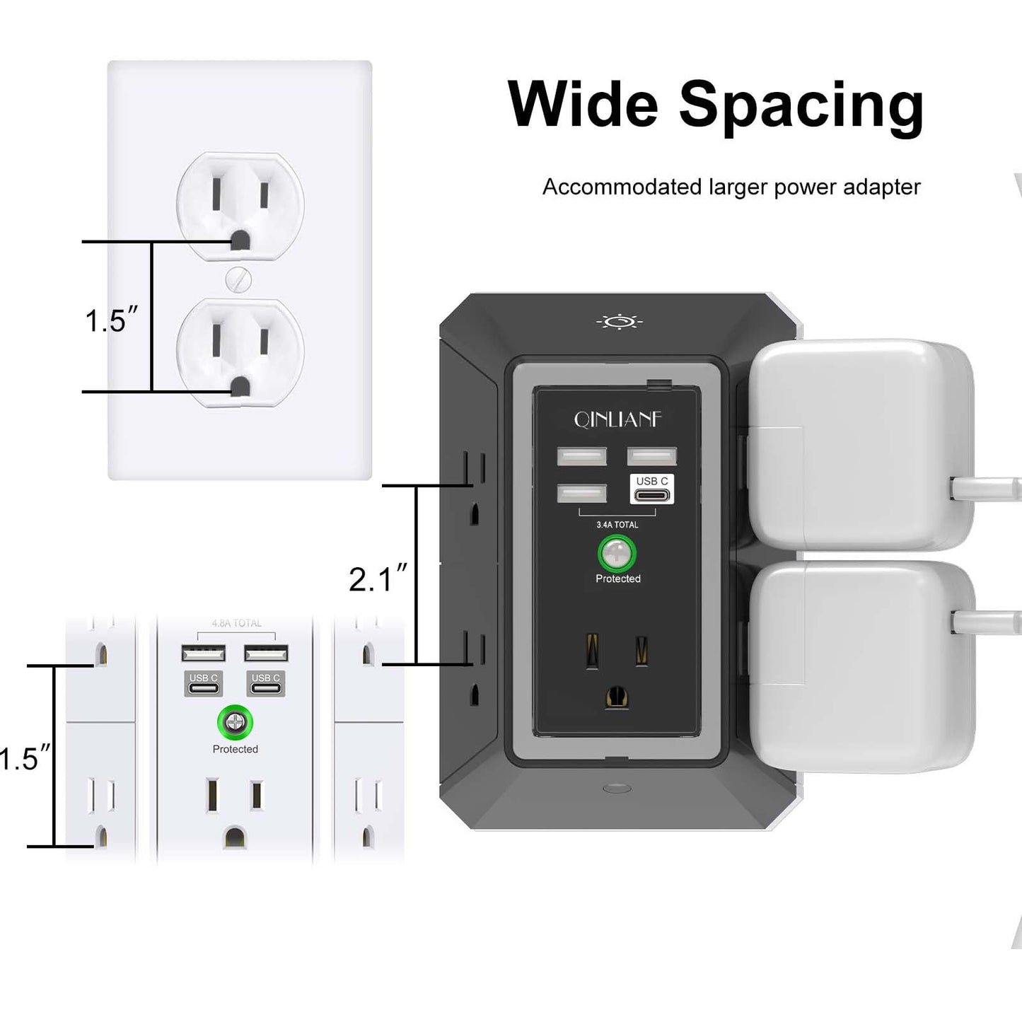 Wall Charger, Surge Protector, QINLIANF 5 Outlet Extender with 4 USB Ports