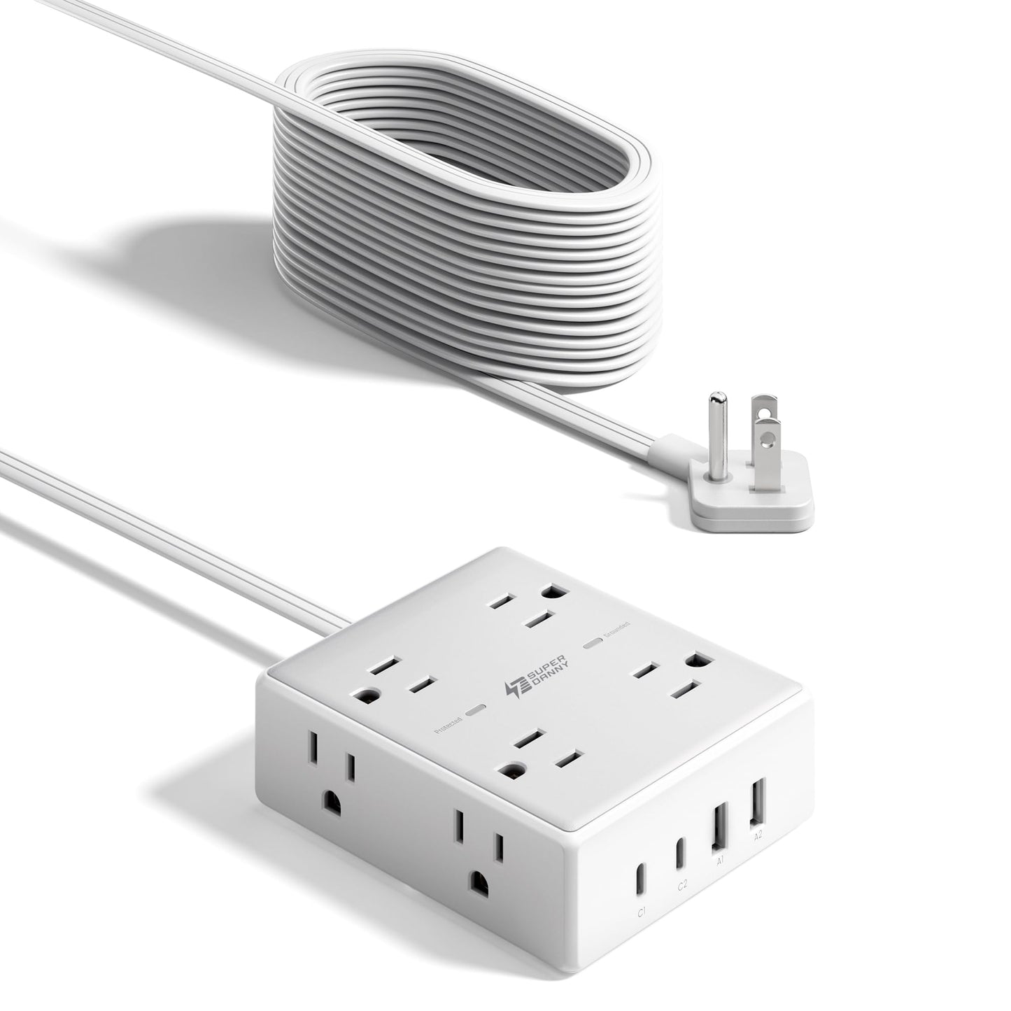 SUPERDANNY Extension Cord,Flat Plug Surge Protector Power Strip,10Ft