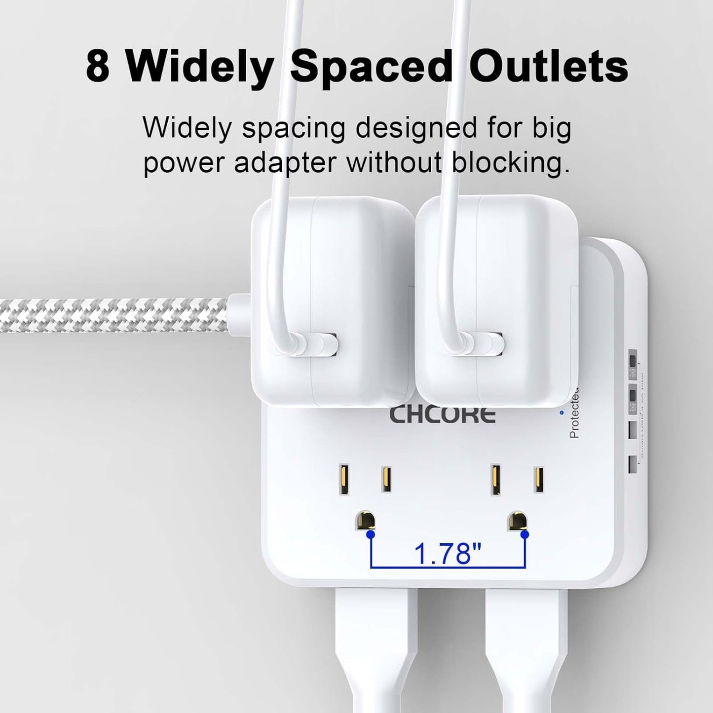 Surge Protector Power Strip - CHCORE 6Ft Braided Extension Cord with 8 Outlets with 4 USB (2 USB C) Charging Ports, Flat Plug Multi Plug Outlet Extender Charging Station for Home Office, ETL, White