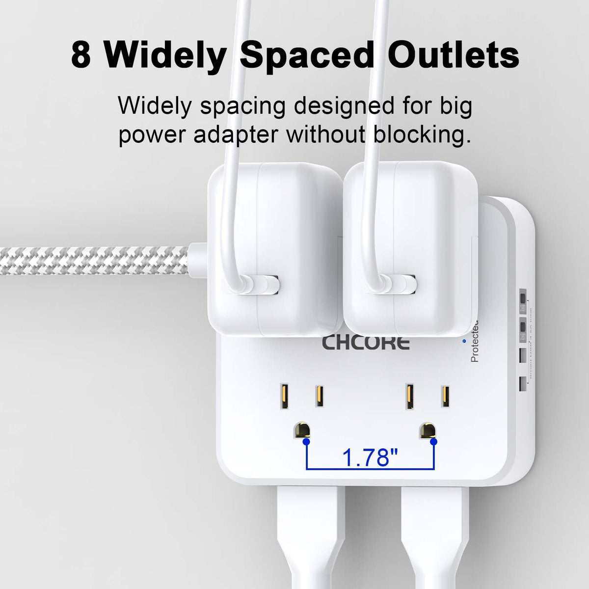 Surge Protector Power Strip - CHCORE 6Ft Braided Extension Cord with 8 Outlets with 4 USB (2 USB C) Charging Ports, Flat Plug Multi Plug Outlet Extender Charging Station for Home Office, ETL, White