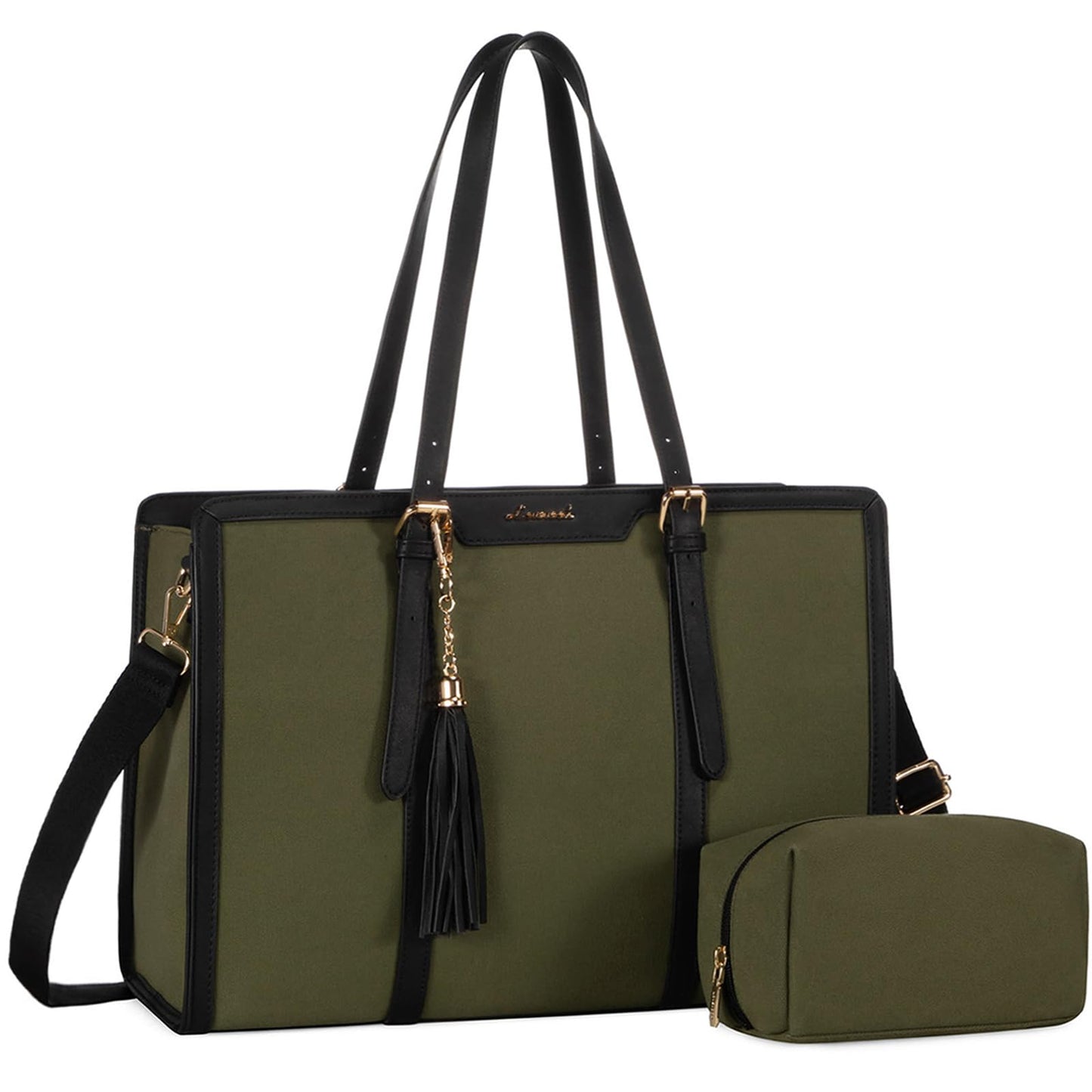 LOVEVOOK Laptop Bag for Women 15.6 inch Lightweight PU Laptop Tote Bag, Large Capacity Computer bag with Clutch Purse for Business, Work, Office, Travel, School,Casual(Black & Leather)