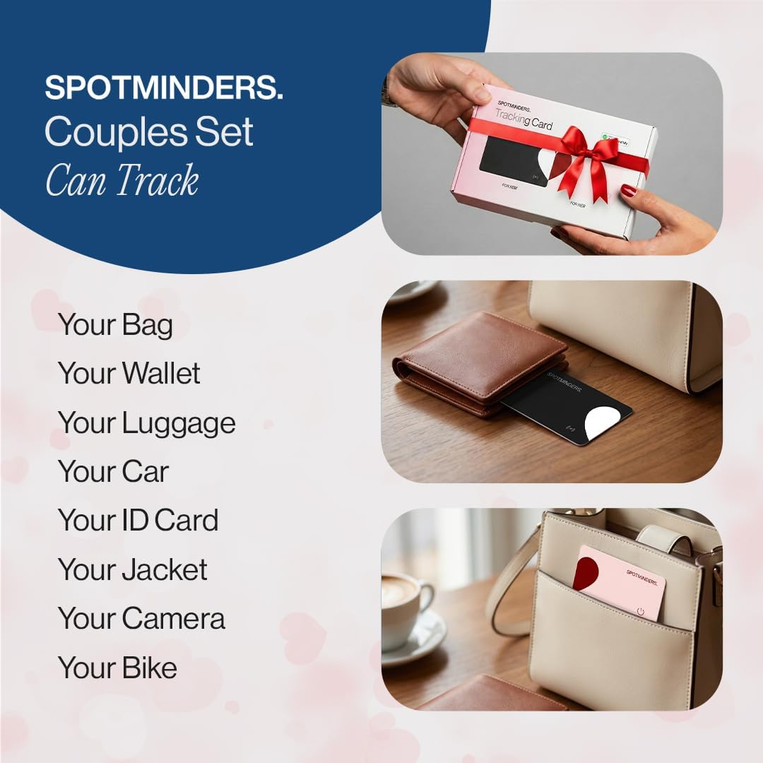 SPOTMINDERS Apple MFi Certified Wallet Tracker 2-Pack Black & Pink (iOS Only) Travel Pack for Couples 0.07in Works with Apple Find My Rechargeable Tracking Card Slim Item Finder for Luggage, Passport