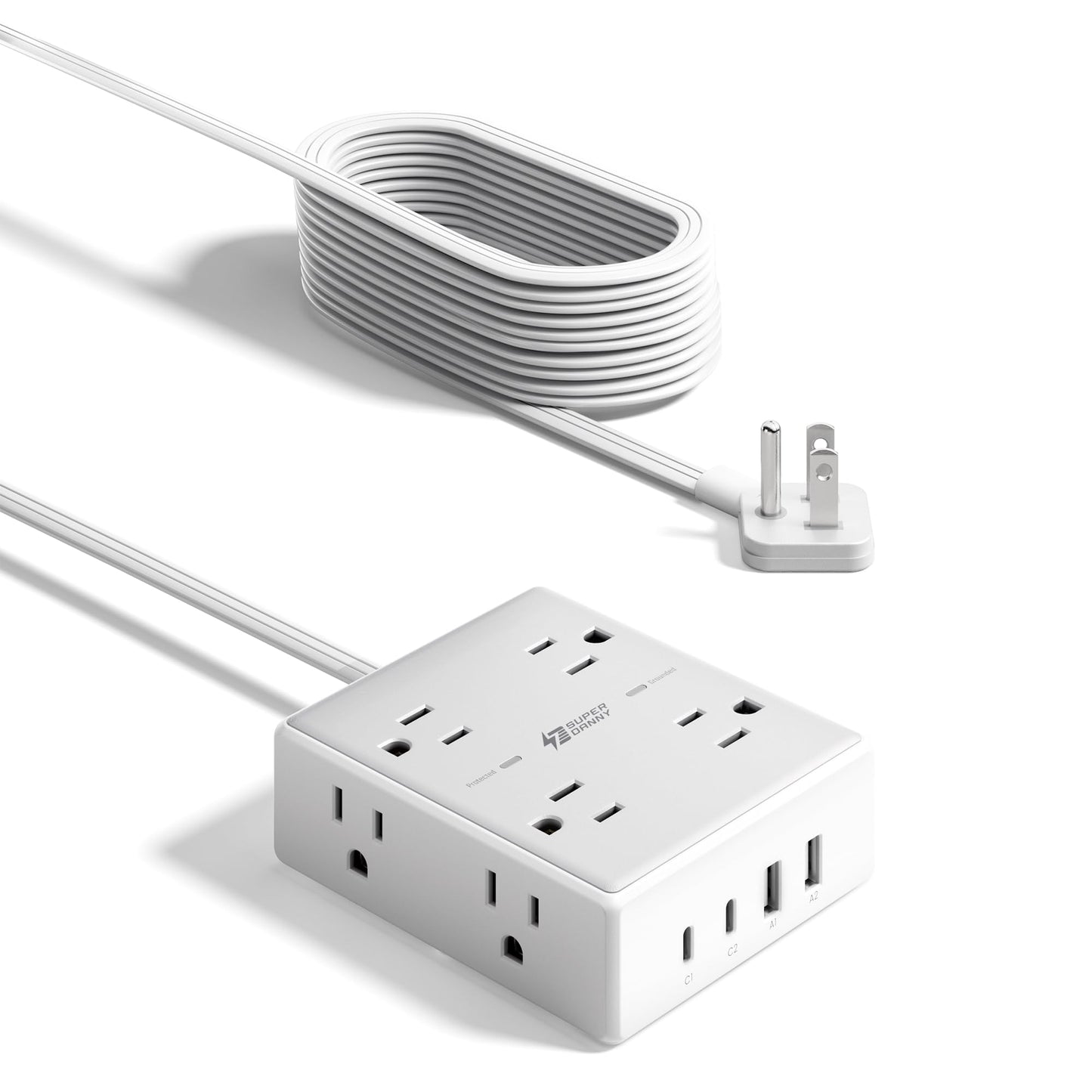 SUPERDANNY Extension Cord,Flat Plug Surge Protector Power Strip,10Ft