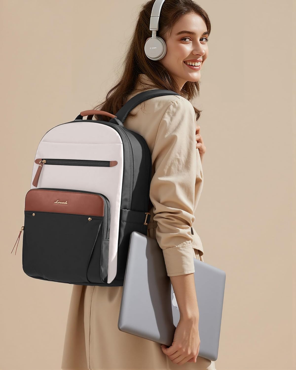 LOVEVOOK Laptop Backpack for Women with Leather Trim & Tumbler Pockets, 15.6" Work Backpack Purse, Travel Personal Item Bag, Carry On Business Computer Bag for Office, School, or Gift, Sage Green