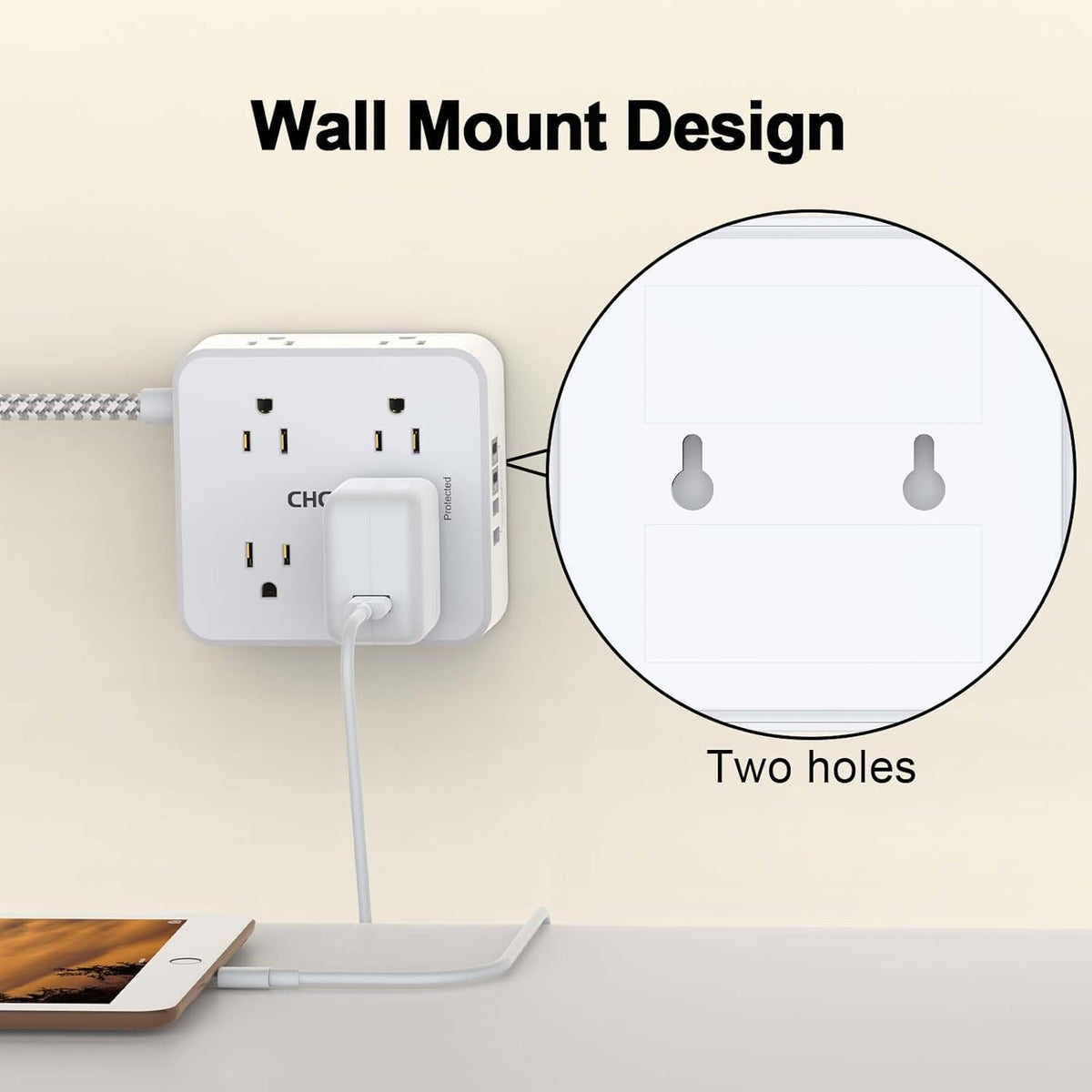Surge Protector Power Strip - CHCORE 6Ft Braided Extension Cord with 8 Outlets with 4 USB (2 USB C) Charging Ports, Flat Plug Multi Plug Outlet Extender Charging Station for Home Office, ETL, White