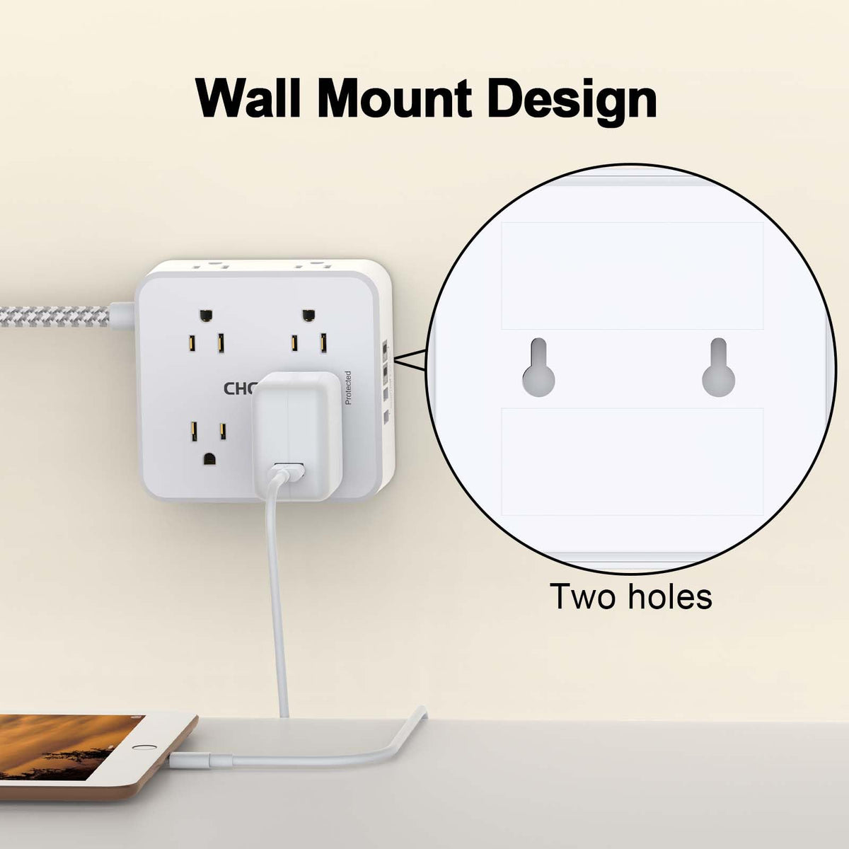 Surge Protector Power Strip - CHCORE 6Ft Braided Extension Cord with 8 Outlets with 4 USB (2 USB C) Charging Ports, Flat Plug Multi Plug Outlet Extender Charging Station for Home Office, ETL, White