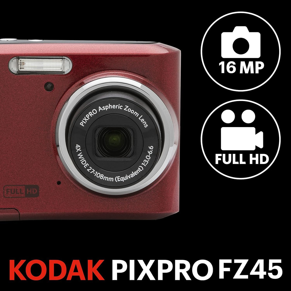 KODAK PIXPRO FZ45 16MP Compact Digital Camera, 4X Optical Zoom, AA, Pink