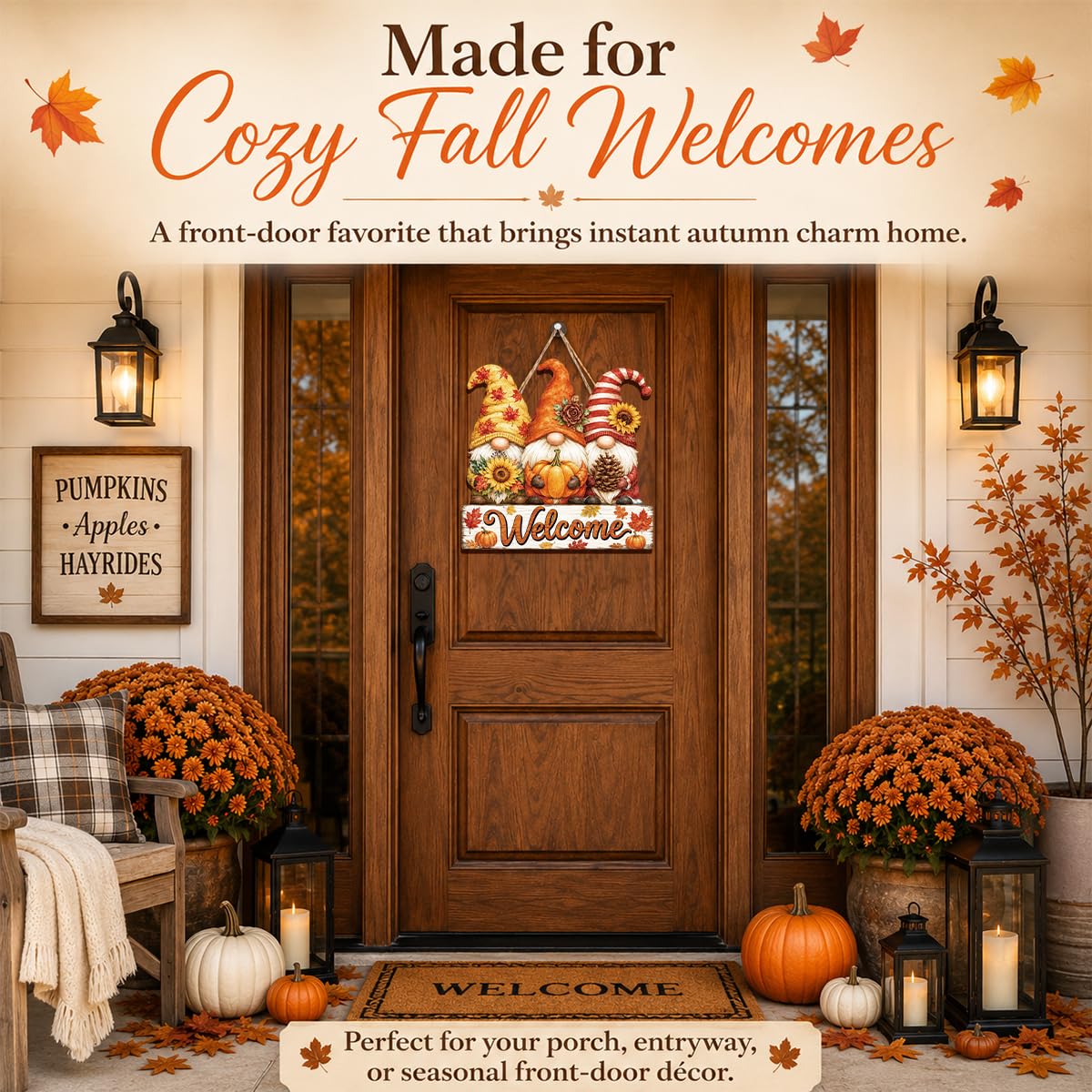 Fall Door Decor Wooden Pumpkin Door Hanger, Welcome Sign for Front Door
