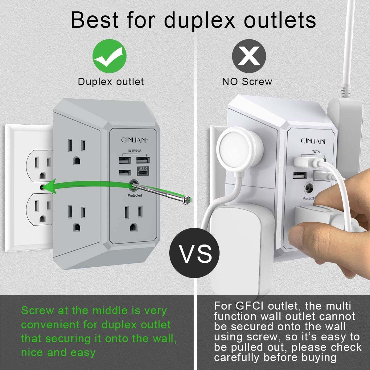 Wall Charger, Surge Protector, QINLIANF 5 Outlet Extender with 4 USB Ports