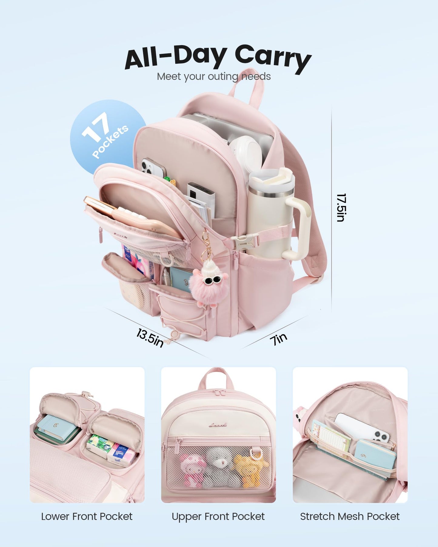 LOVEVOOK School Backpack for Teen Girls, Student Cute Bookbag Purse for Middle High School, 15.6 Inch Laptop Kid Backpack Back to School with Large Cup Holder, College Travel Bag, Beige Blue