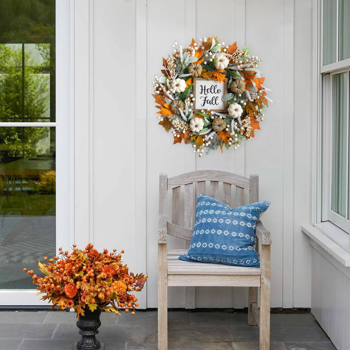 20" Harvest Fall Wreath for Front Door,Pumpkins Berries Autumn Wreaths
