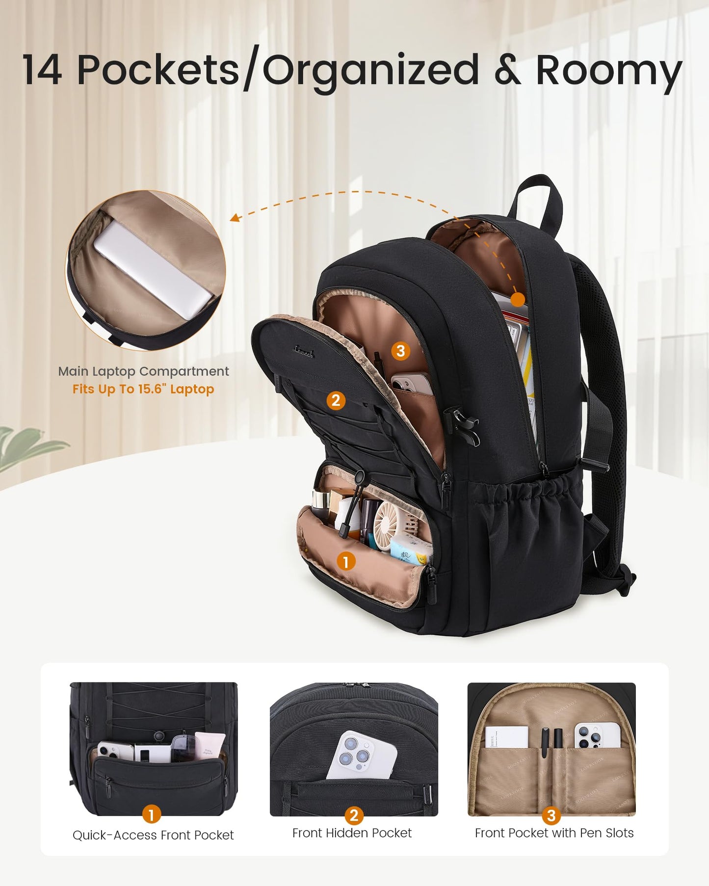 LOVEVOOK School Backpack for Teen Girls, Large Capacity College Bookbag with Water Bottle Holder, Cute Laptop Backpack Purse for Women, Lightweight Casual Travel Backpack, Gift for Her, Beige-Khaki