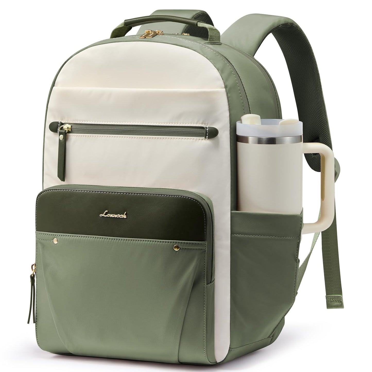LOVEVOOK Laptop Backpack for Women with Leather Trim & Tumbler Pockets, 15.6" Work Backpack Purse, Travel Personal Item Bag, Carry On Business Computer Bag for Office, School, or Gift, Sage Green