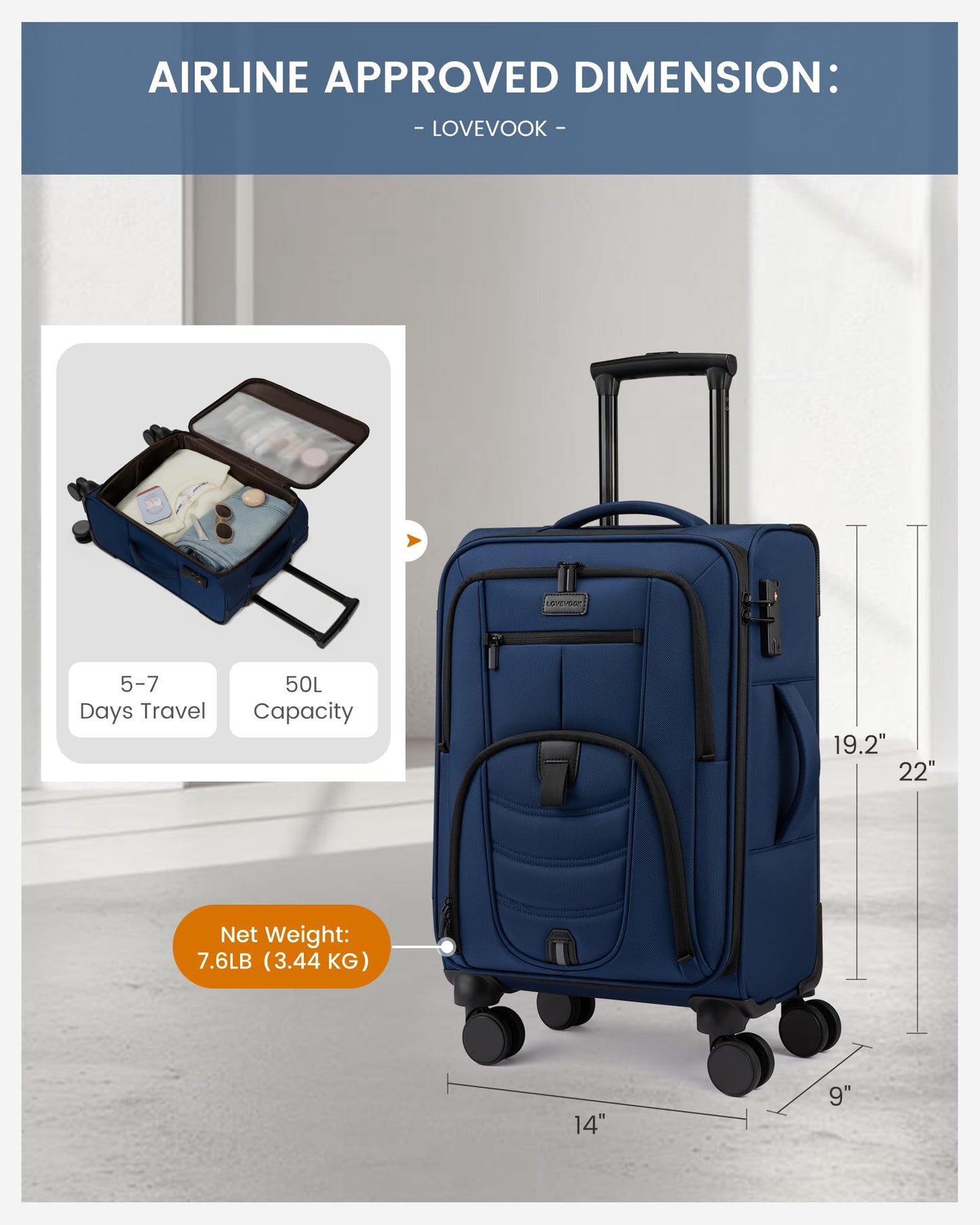 Carry On Luggage 22x14x9 Airline Approved with TSA Lock for Business Trip