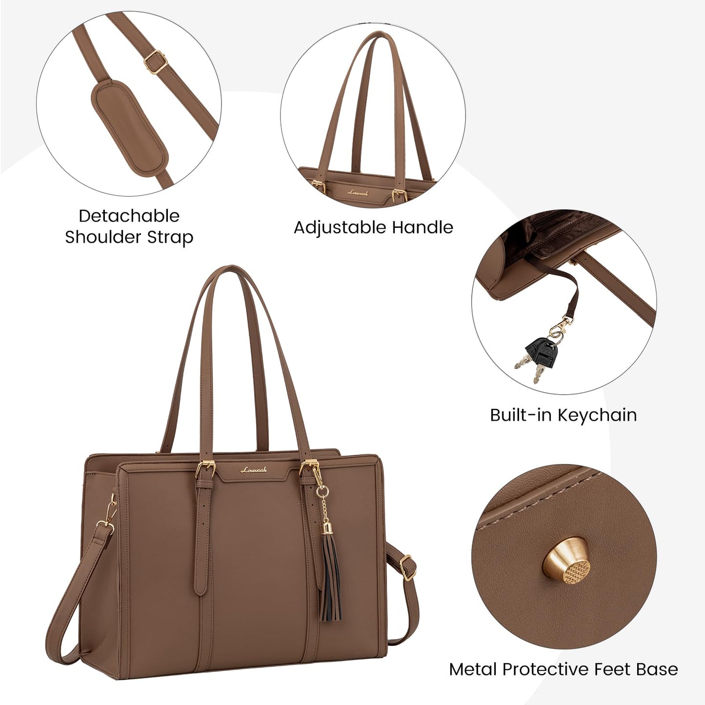 LOVEVOOK Laptop Bag for Women 15.6 inch Lightweight PU Laptop Tote Bag, Large Capacity Computer bag with Clutch Purse for Business, Work, Office, Travel, School,Casual(Black & Leather)