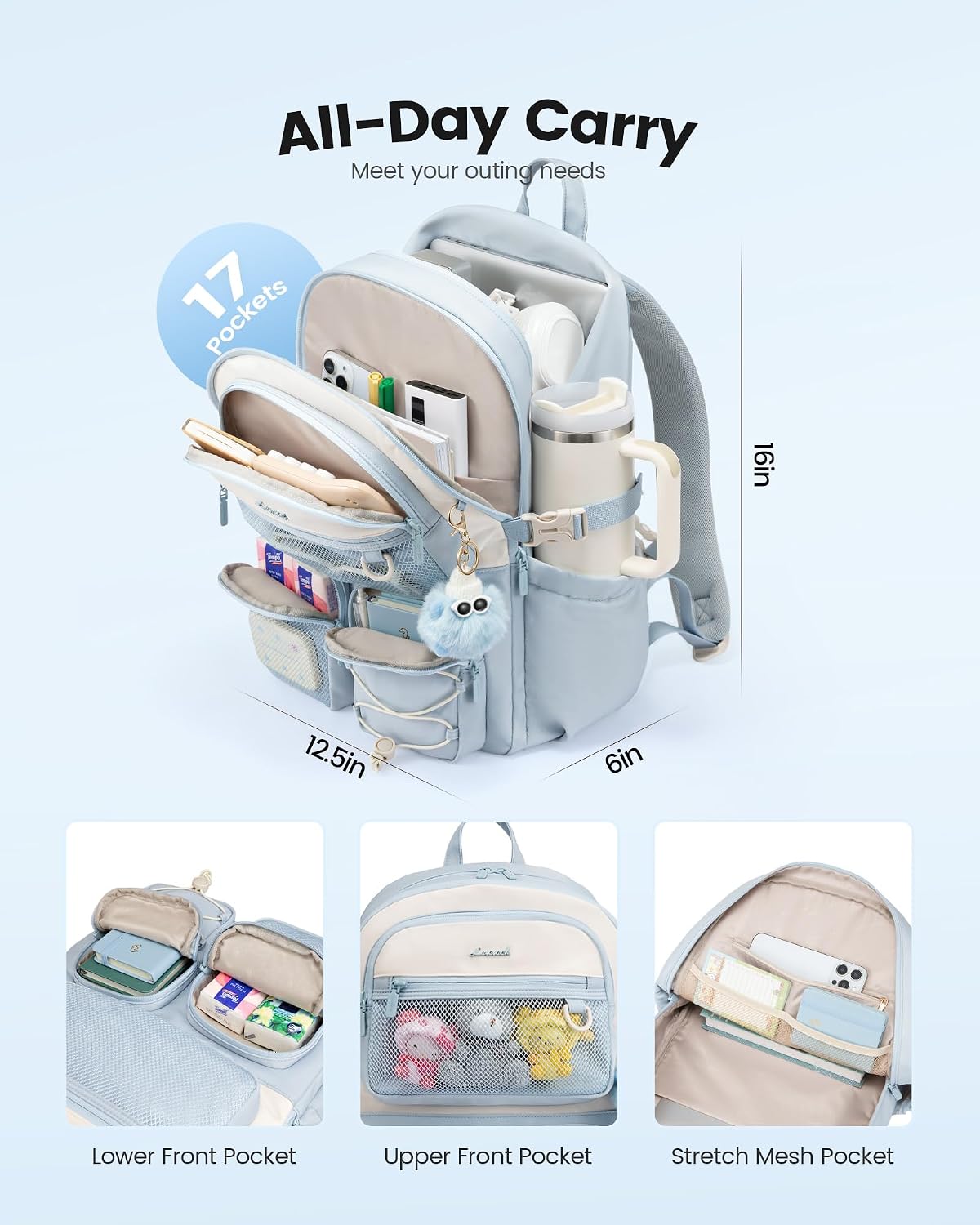 LOVEVOOK School Backpack for Teen Girls, Student Cute Bookbag Purse for Middle High School, 15.6 Inch Laptop Kid Backpack Back to School with Large Cup Holder, College Travel Bag, Beige Blue