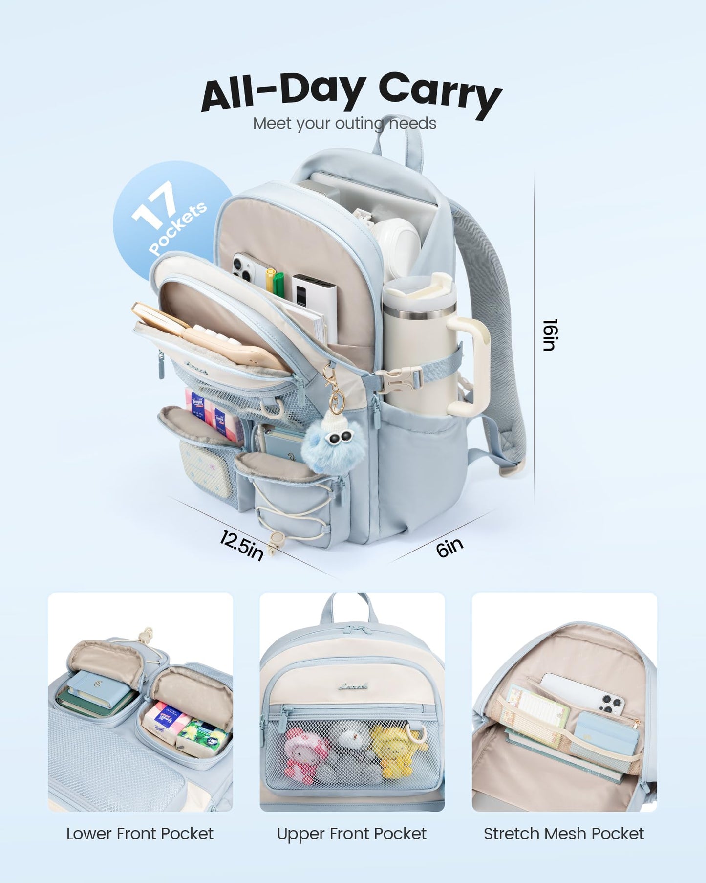 LOVEVOOK School Backpack for Teen Girls, Student Cute Bookbag Purse for Middle High School, 15.6 Inch Laptop Kid Backpack Back to School with Large Cup Holder, College Travel Bag, Beige Blue