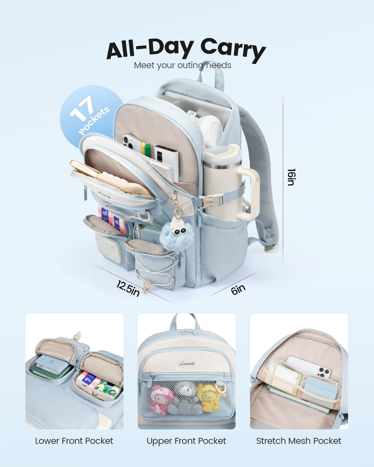 LOVEVOOK School Backpack for Teen Girls, Student Cute Bookbag Purse for Middle High School, 15.6 Inch Laptop Kid Backpack Back to School with Large Cup Holder, College Travel Bag, Beige Blue