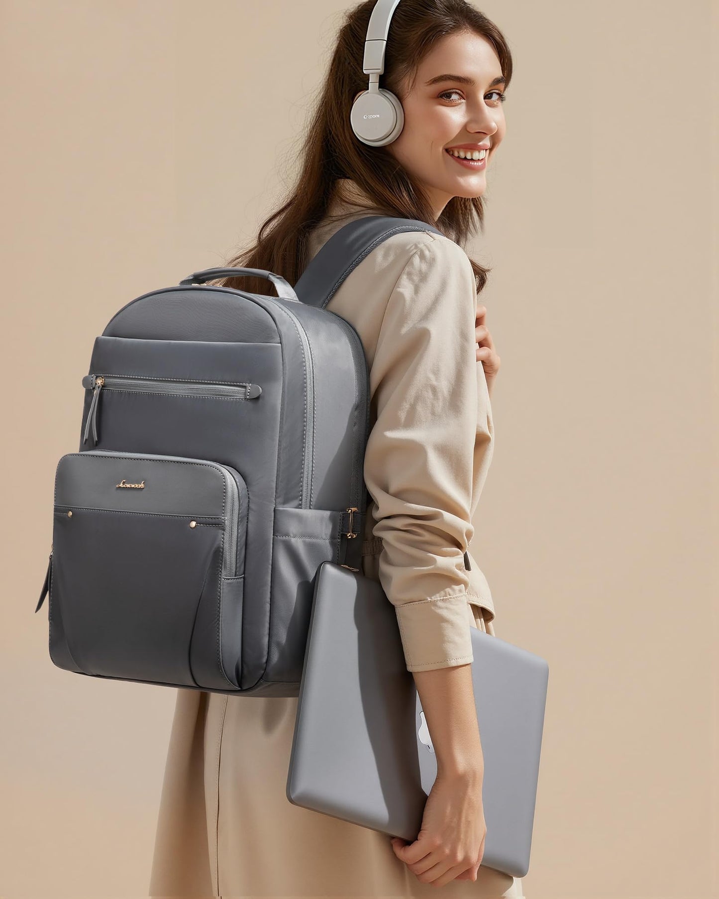 LOVEVOOK Laptop Backpack for Women with Leather Trim & Tumbler Pockets, 15.6" Work Backpack Purse, Travel Personal Item Bag, Carry On Business Computer Bag for Office, School, or Gift, Sage Green