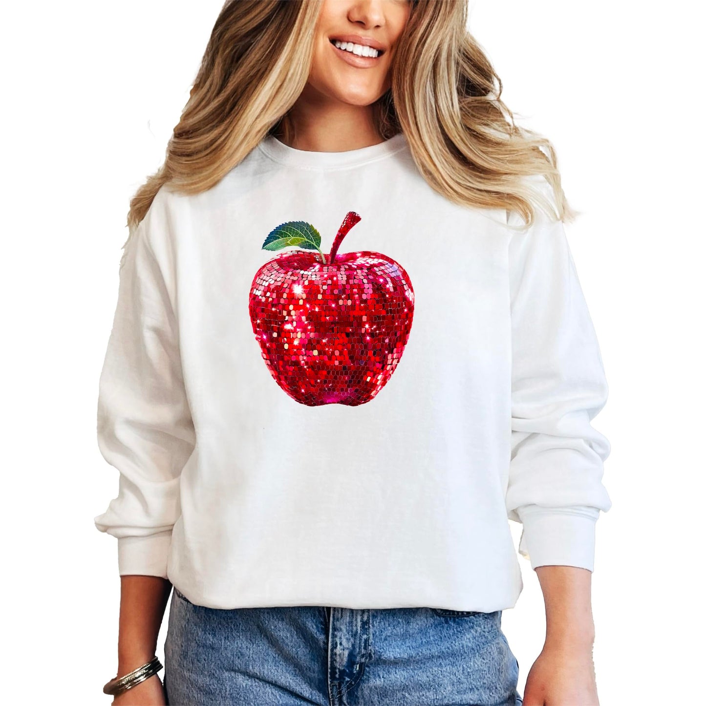 Red Disco Apple Sweatshirt for Women and Teens Faux Glitter Apple Pullover for Teachers and Students
