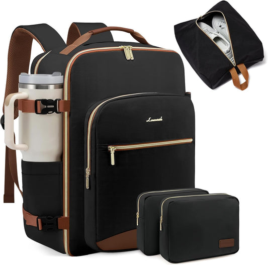LOVEVOOK 40L Large Travel Backpack for Women Men, 17 Inch Carry on Backpack for Traveling on Airplane, Personal Item Bag Airline Approved, Business Causal Weekender Backpack, Black-Brown